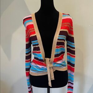 Honey Punch Multicolor Striped Wrap Cardigan Gold Metallic Detail Small